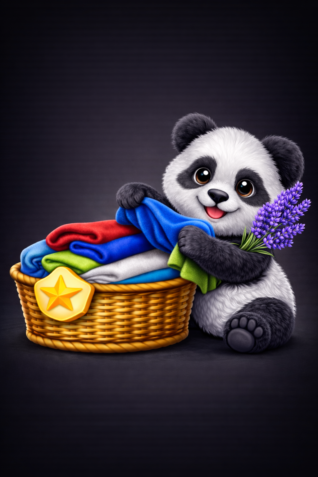 PANDA mascot with fresh laundry basket and lavender