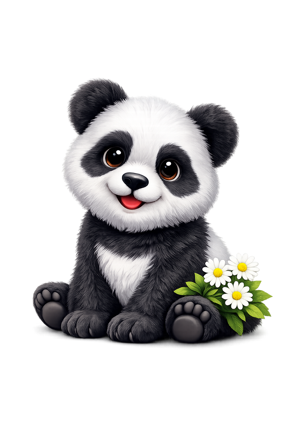 PANDA mascot with fresh daisies
